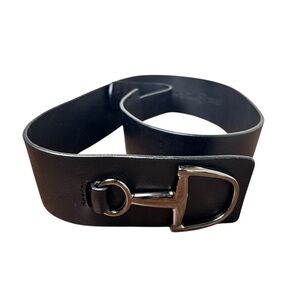 Wide Black Leather Belt with Silver Bit-Style Buckle